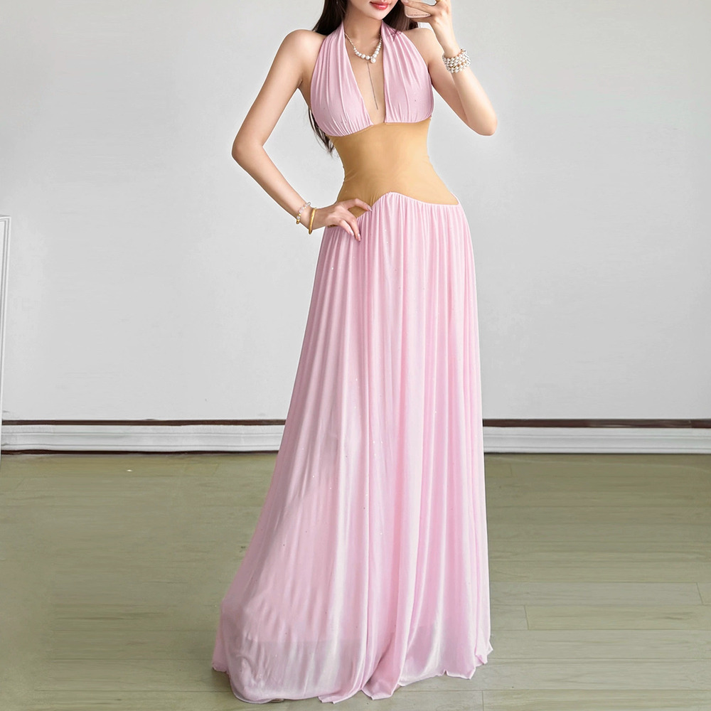Zara Summer Halter Sheer Mesh Long Dress Deep V
